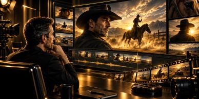 un homme est devant un écran de montage cinématographique