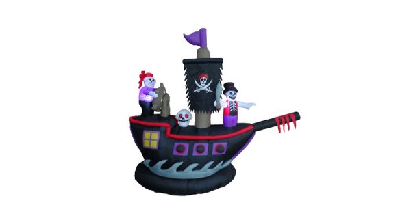 8 Foot Long Lighted Halloween Inflatable Grim Reaper Ride Train with Tombstone Cat Bat Pumpkin