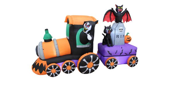 8 Foot Long Lighted Halloween Inflatable Grim Reaper Ride Train with Tombstone Cat Bat Pumpkin