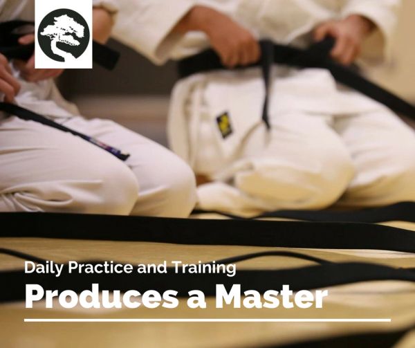Martial artists tying black belts symbolizing mastery and discipline.