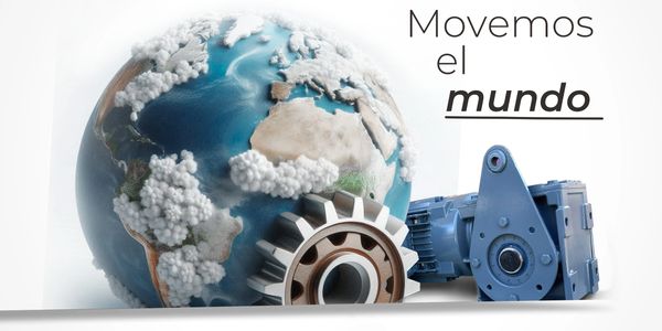 Globe with gears and motor, captioned 'Movemos el mundo'.