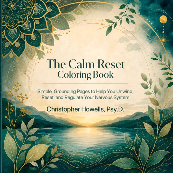 Cover of "The Calm Reset Coloring Book" with calming nature-themed design.