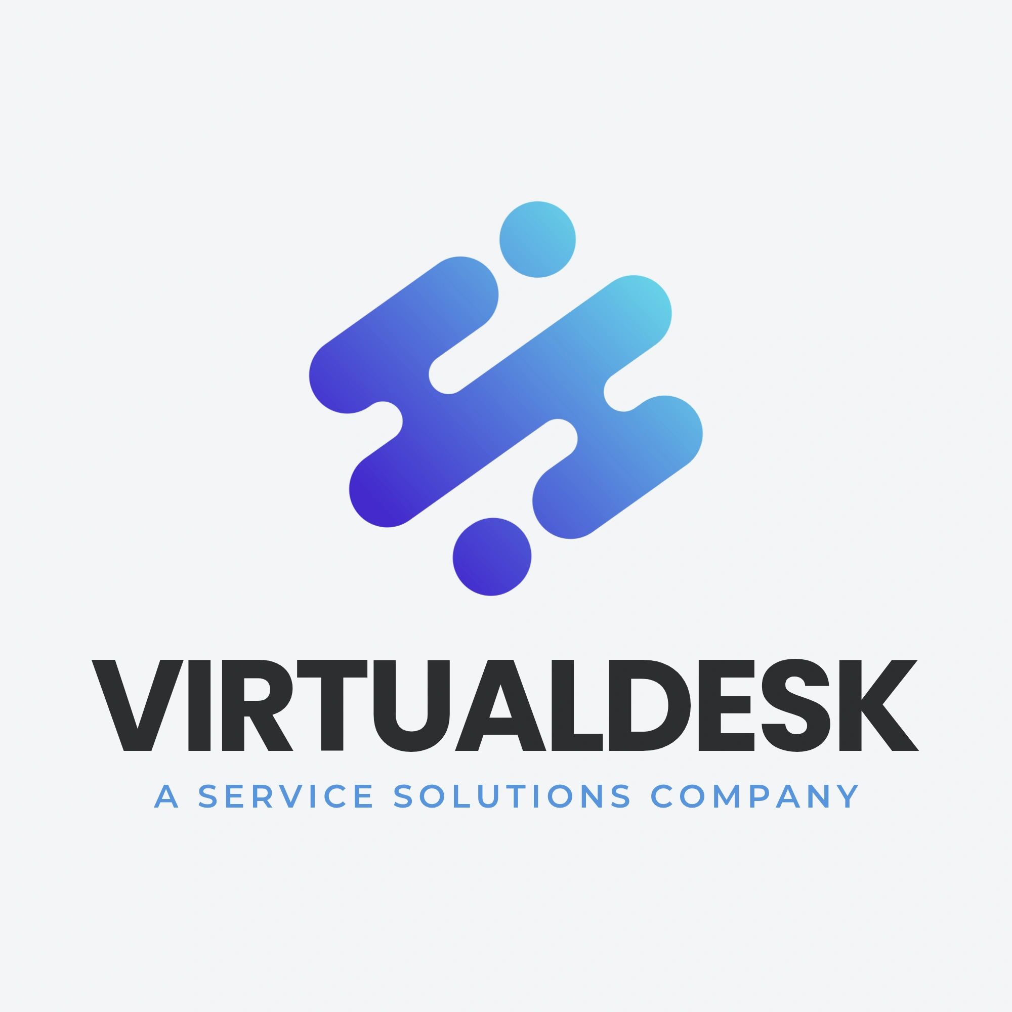 Blue gradient abstract logo with 'VIRTUALDESK' text and tagline below.