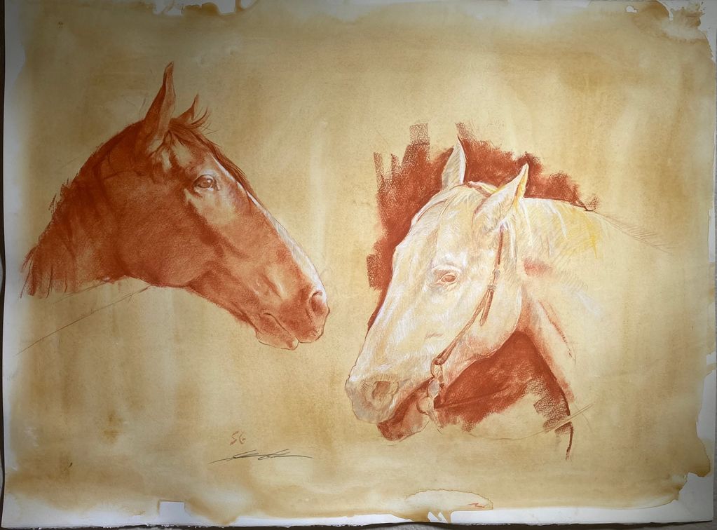 Double horse head study - red and white Conte of Paris on watercolor paper. 30 X 22” "Coconut" (whit