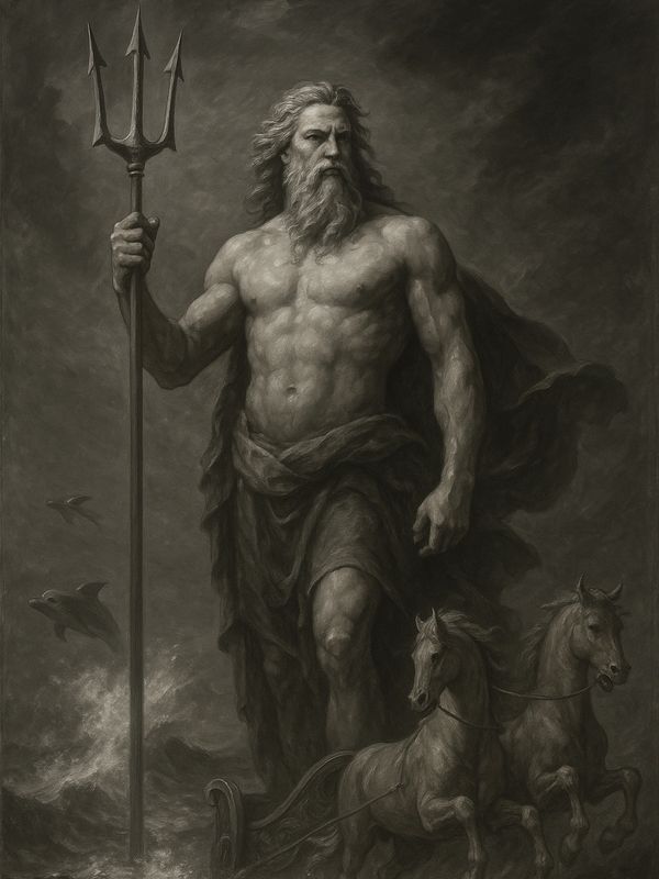 Poseidon above crashing waves, holding his trident as dolphins leap and horses pull his chariot