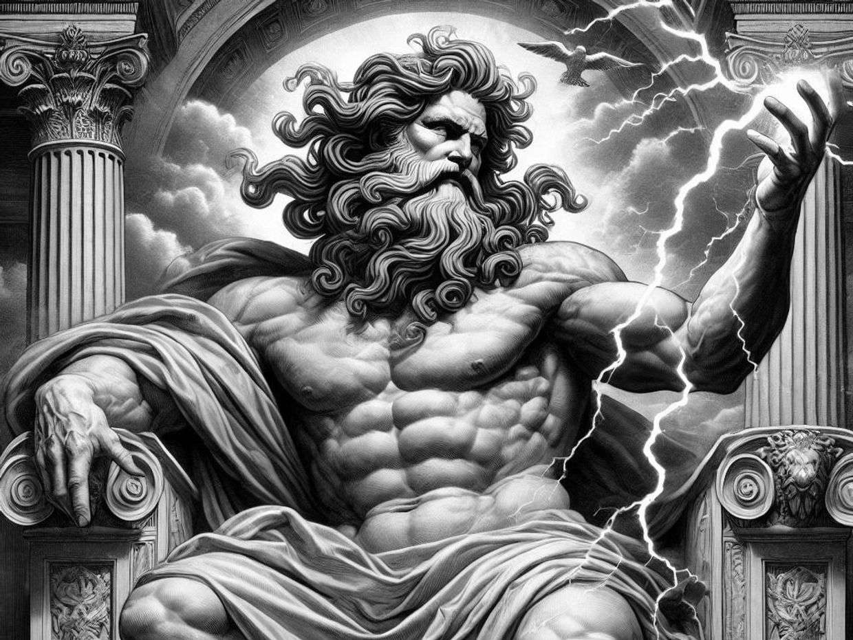 A powerful black-and-white illustration of Zeus seated majestically on his throne atop Mount Olympus