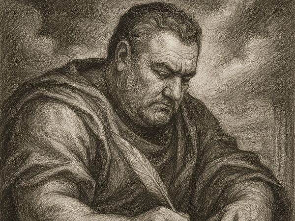 Author in robes writing with a quill on parchment scroll. A classical black-and-white illustration.