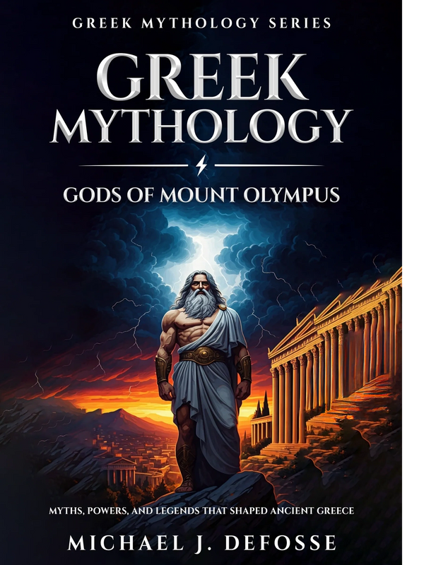 Greek mythology book cover featuring Zeus and ancient temples at sunset.