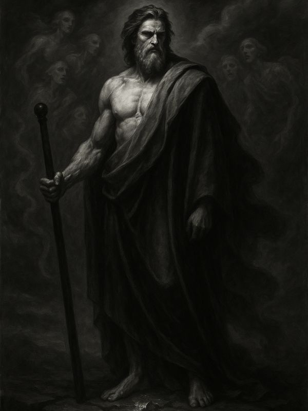 Hades stands cloaked in shadow, staff in hand, as spirits gather in the dark beneath his solemn gaze