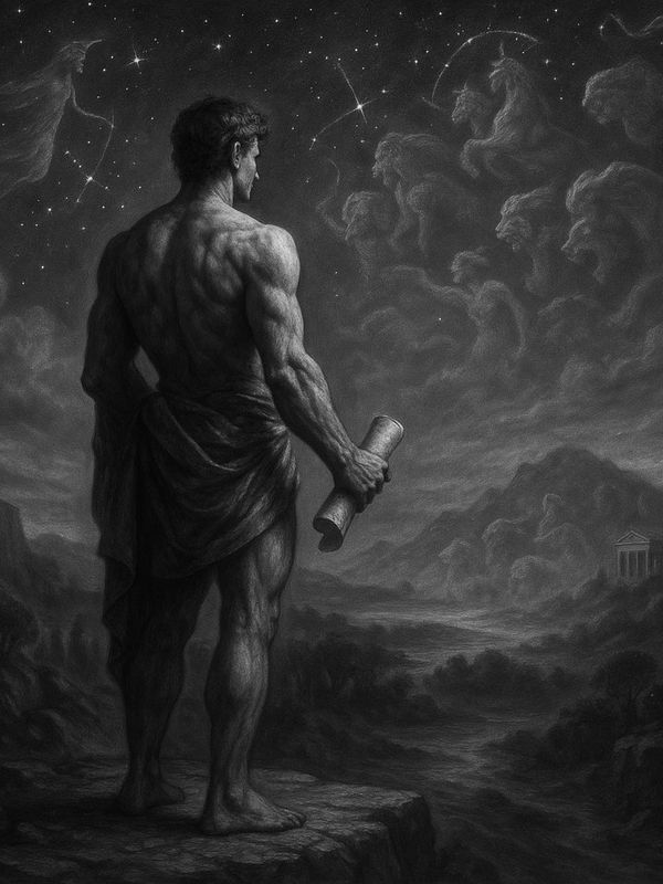 A lone figure with a scroll gazes at star-formed constellations shaped like beasts, heroes, and gods