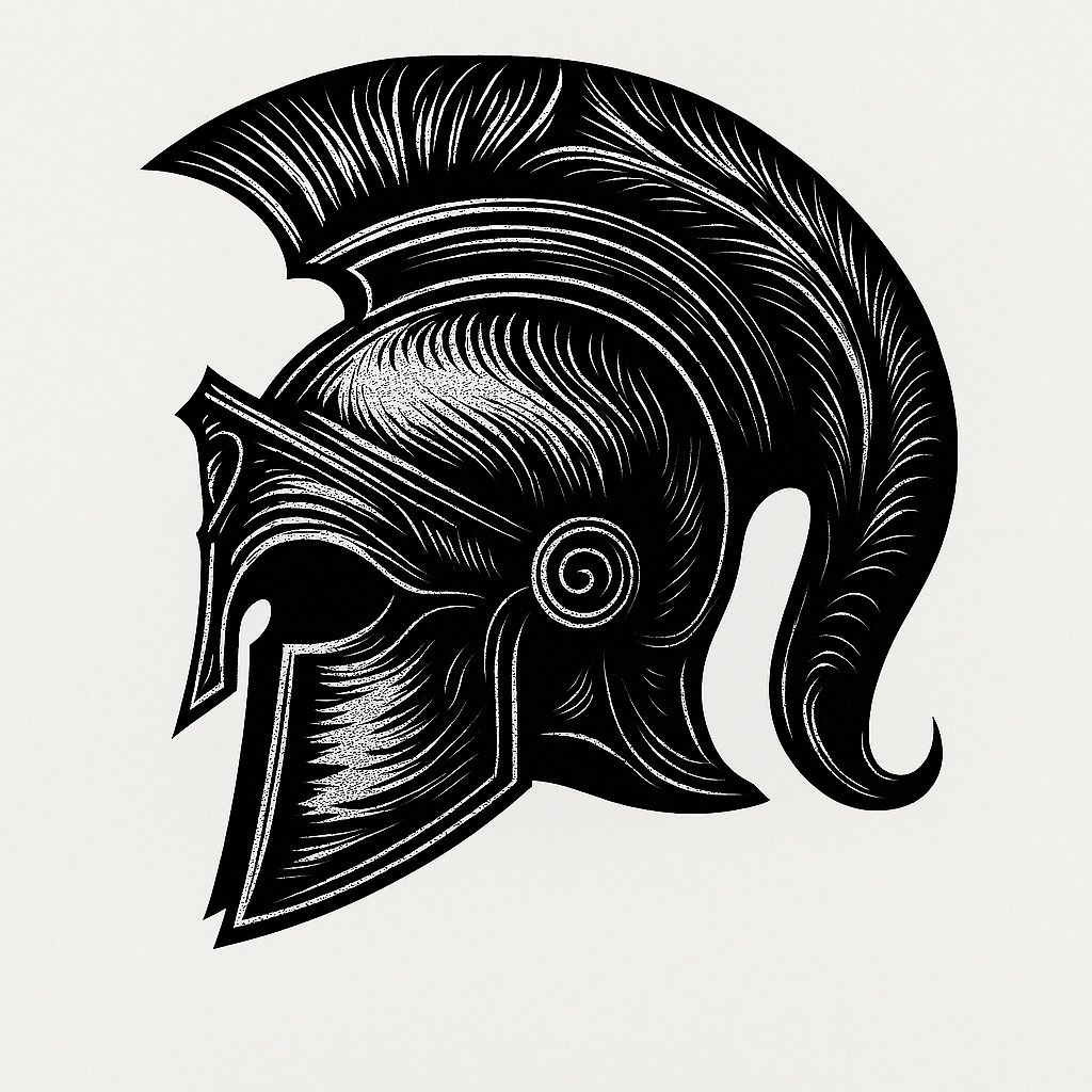 Mythology Publishing logo: Stylized Greek battle helmet symbolizing ancient battlefield heroism