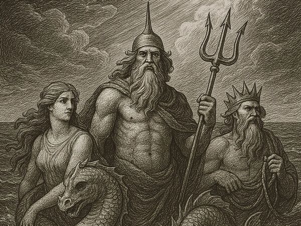 Black-and-white engraving of Norse sea gods—Ægir, Rán, and an armored deity—rising from the waters.