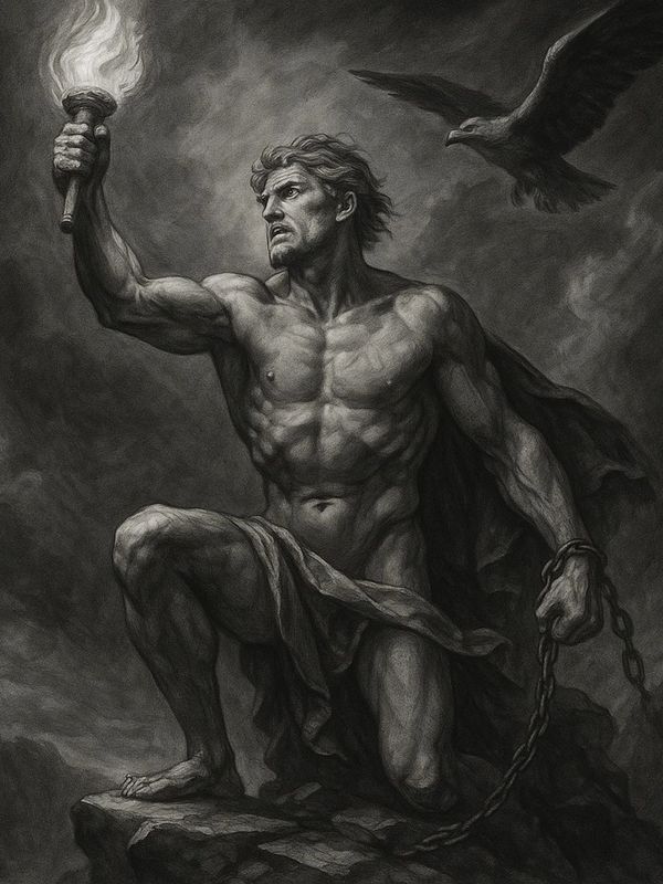 Prometheus kneels with a torch and broken chain, defiant beneath clouds as an eagle circles above