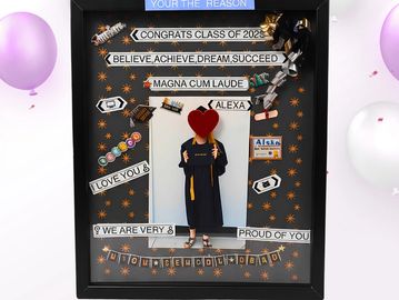 Framed shadowbox for graduation with a collage of motivational quotes and the name Alexa.