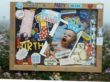 A colorful birthday collage customized shadowbox keepsake featuring a joyful baby and festive decorations.
