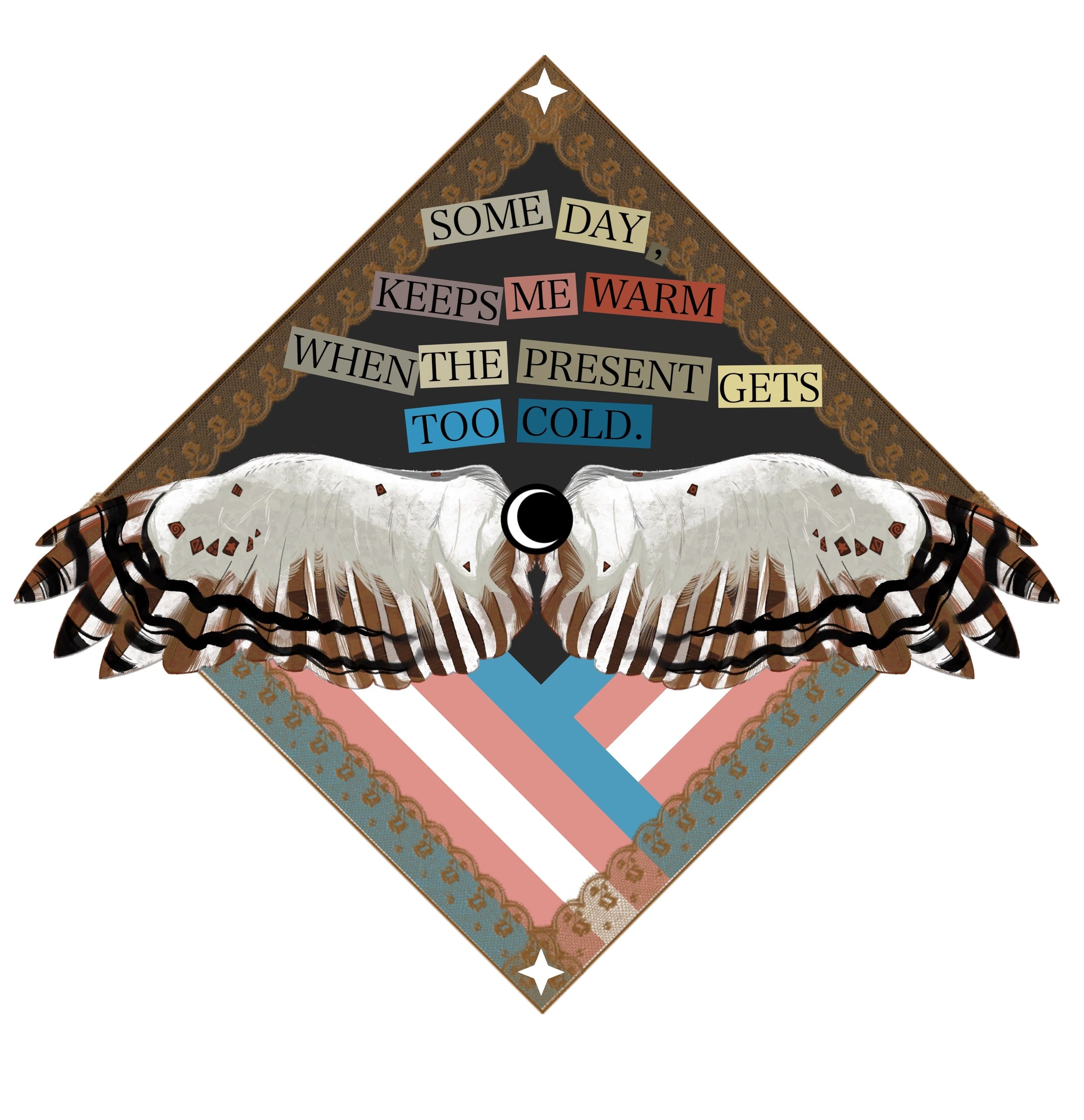 Collage of words with bird wings and geometric patterns.