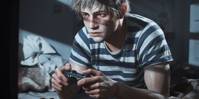 disheveled teen hunched over in dark room, holding a vide game console, portraying him as a prisoner