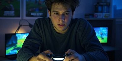 sad teen in a dark room with his hands on a video game console, perhaps addicted to the game