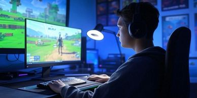 teenager in dark room, wearing headphones, focused on a video game computer screen, gamer addiction