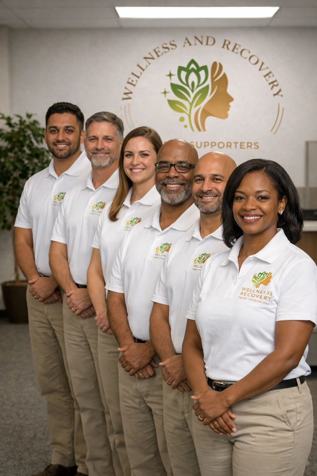 Six diverse professionals in matching wellness recovery uniforms, smiling confidently.