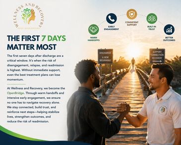 Two men shaking hands on a bridge symbolizing support and recovery after discharge.
