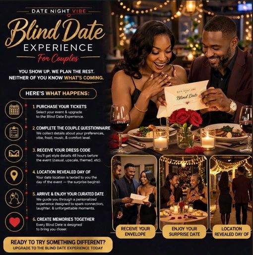 Couple enjoying a romantic Blind Date Experience with surprise location and curated date.