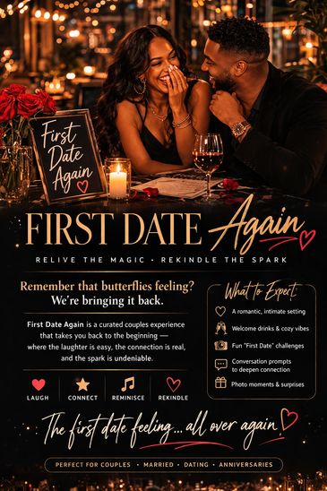 Couple enjoying a romantic 'First Date Again' experience with laughter and connection.