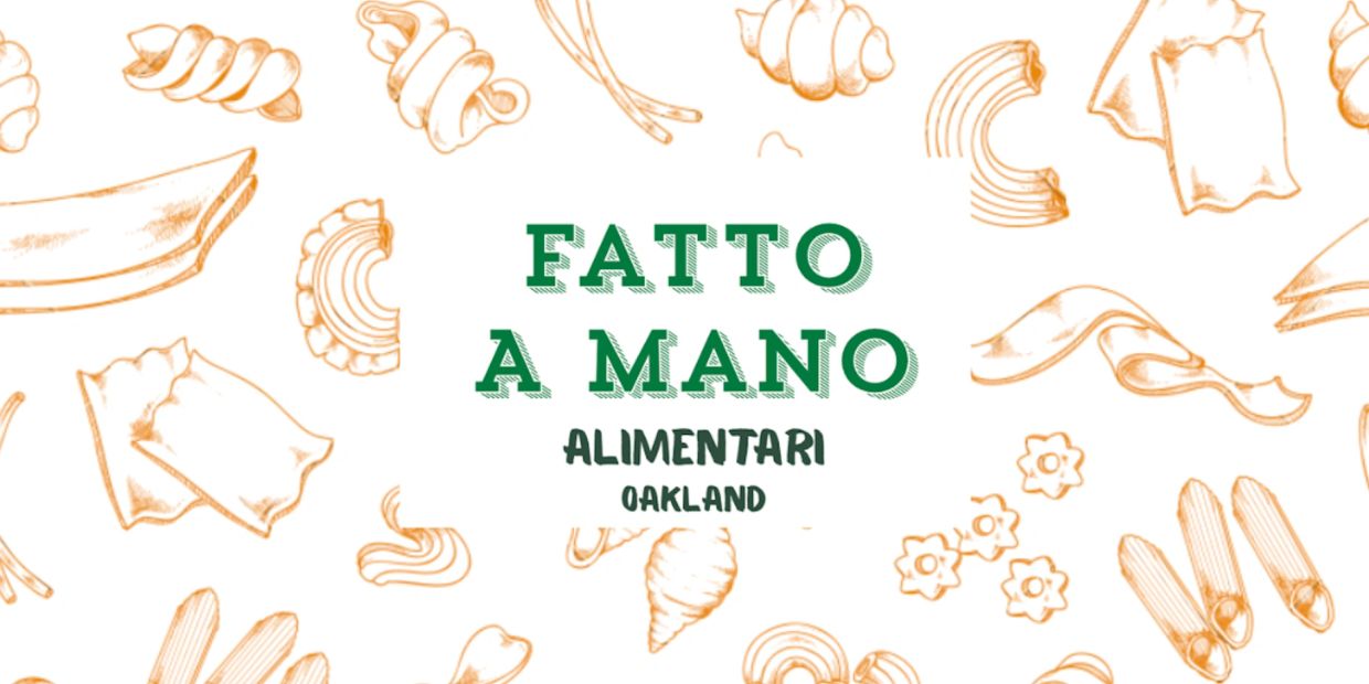 Logo for Fatto A Mano Alimentari in Oakland with pasta illustrations.