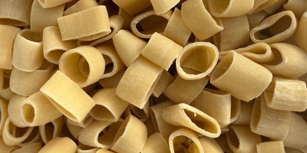 Close-up of uncooked tubular pasta pieces.