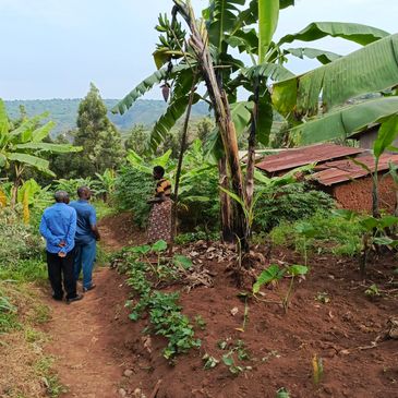 Rwandans in the village, showing their home and a garden