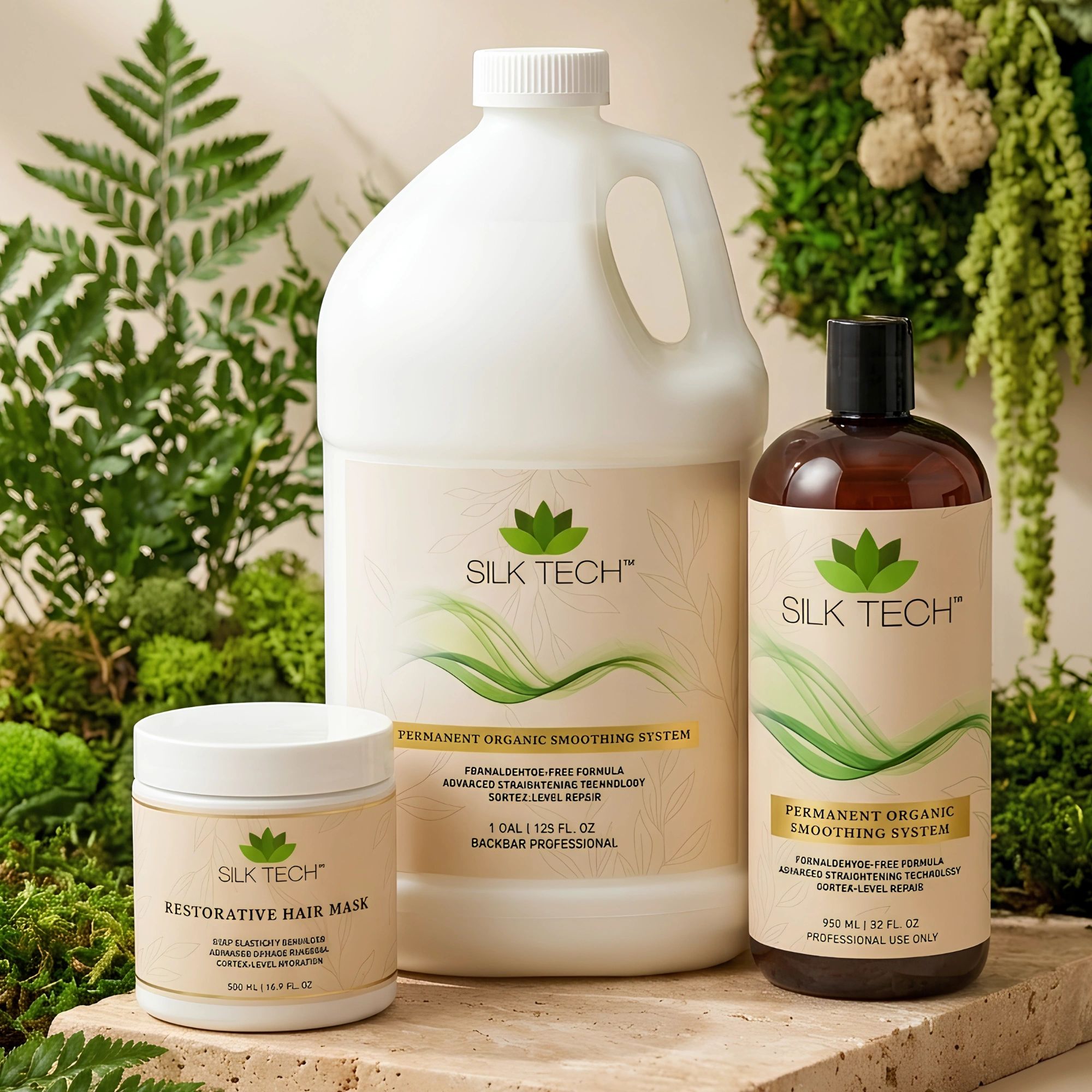 Silk Tech hair care products displayed with green foliage background.