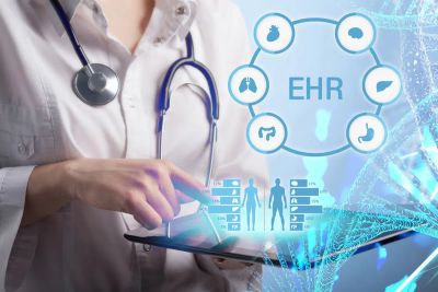 Healthcare professional using a tablet with EHR icons and DNA strand overlay.