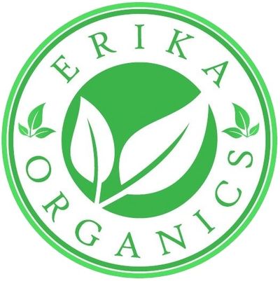 Green circular logo with two white leaves and the text 'Erika Organics'.