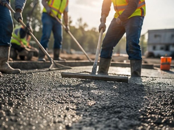 Workers smoothing freshly poured concrete on a construction site.