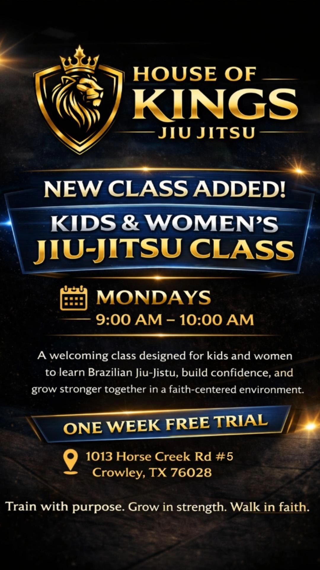 House of Kings Jiu Jitsu offers new kids and women's class on Mondays 9-10 AM.