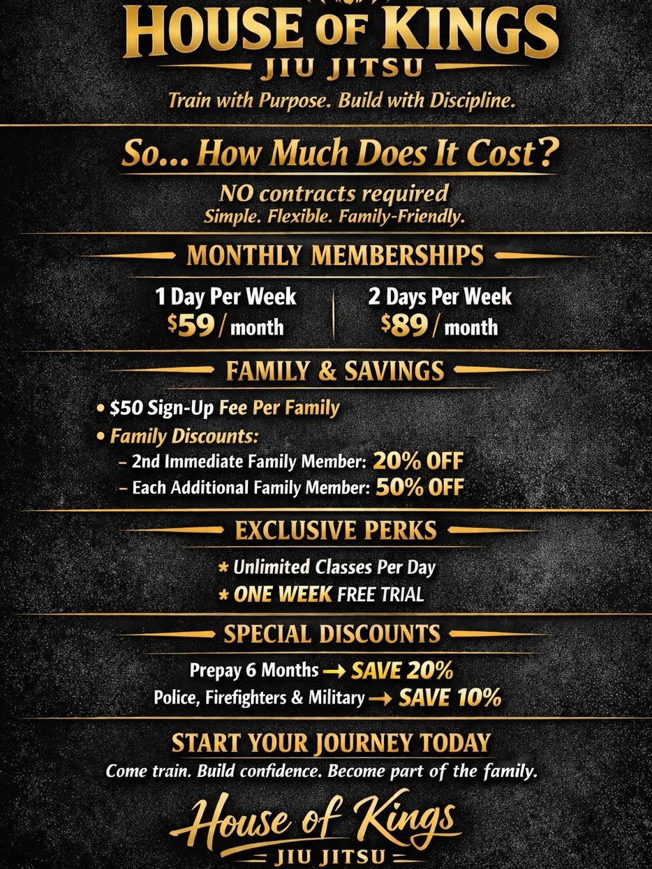 House of Kings Jiu Jitsu membership pricing and discounts explained.