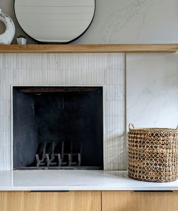 tile, white oak, transitional design, fireplace, quartz