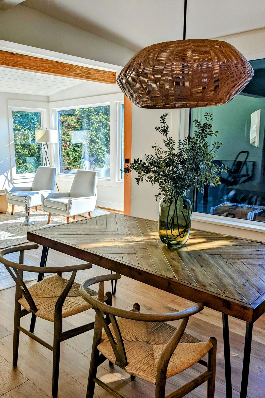 pendant lighting, open concept, dining room renovation, shiplap ceiling