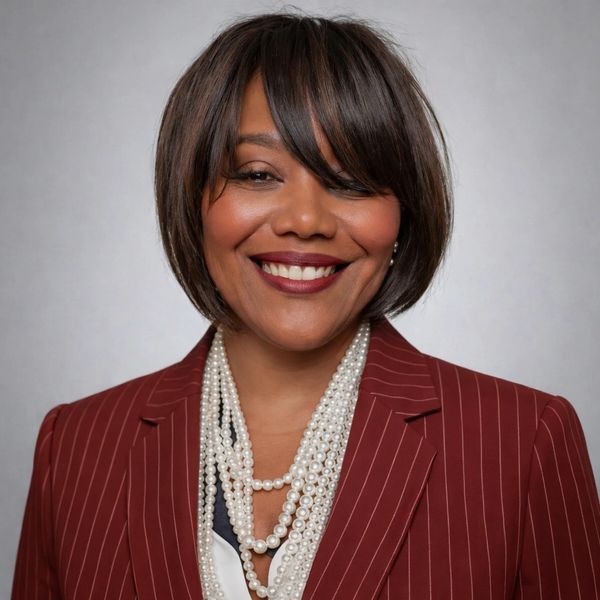 Smiling woman in a striped maroon blazer and pearl necklaces.