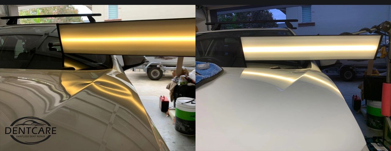 Toyota Corolla bonnet damaged by falling tree repaired without replacement or body fillers & paint