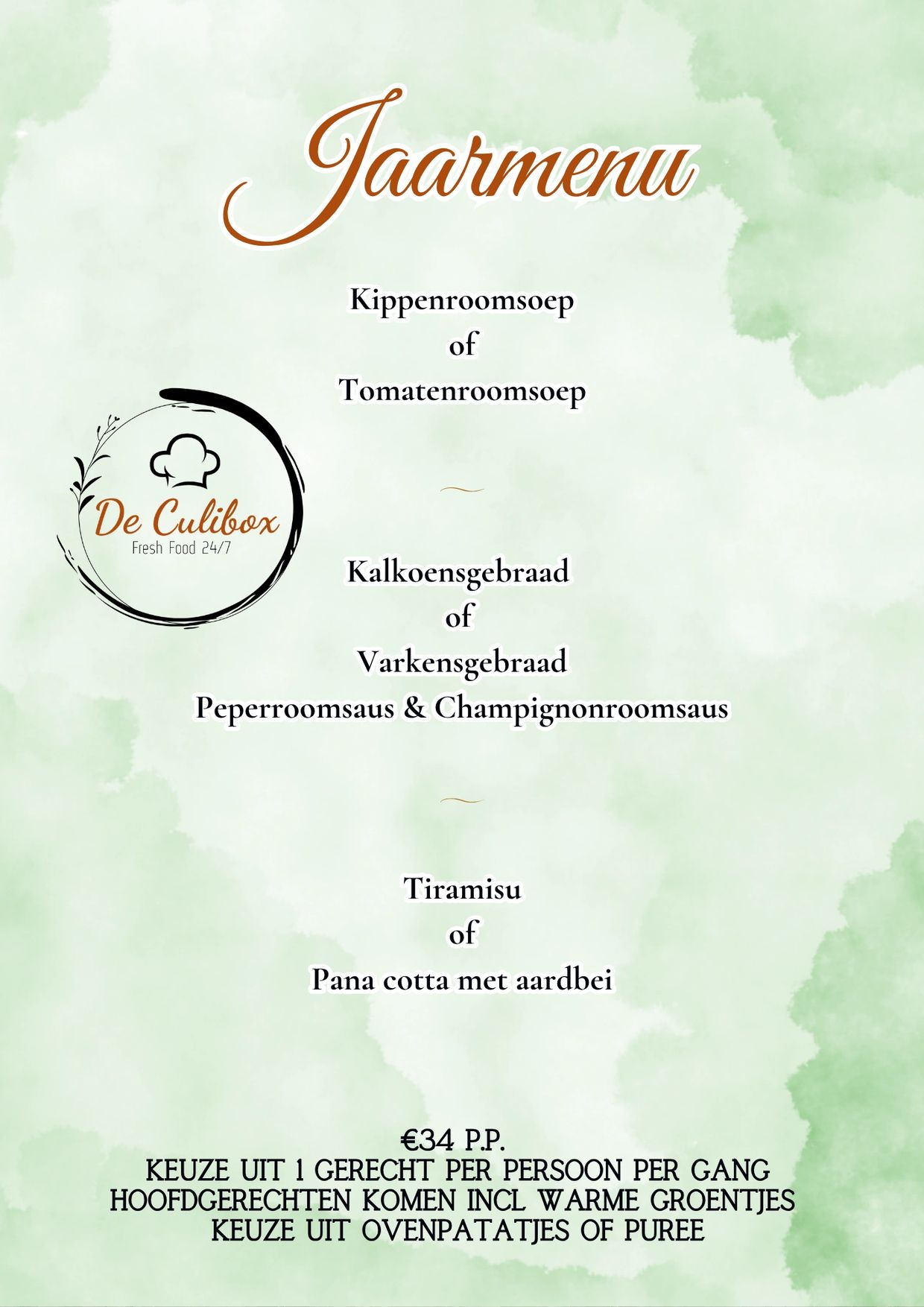 Jaarmenu met soep, hoofdgerechten en dessert voor €34 p.p.