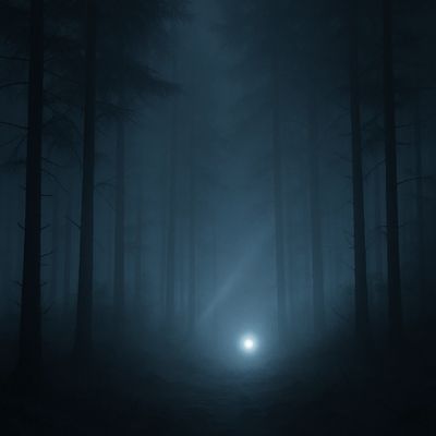 A bright light shines through a dark, foggy forest at night.