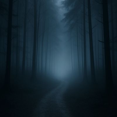 A foggy, dark forest path illuminated faintly in eerie blue light.