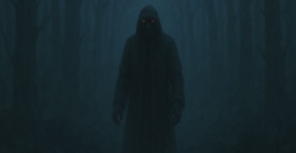 A shadowy figure stands in a dark, foggy forest at night.