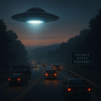 A glowing UFO hovers over a highway filled with cars and people at dusk.