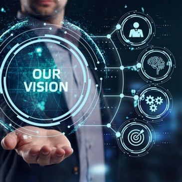 Businessman presenting a digital interface with 'Our Vision' and futuristic icons.