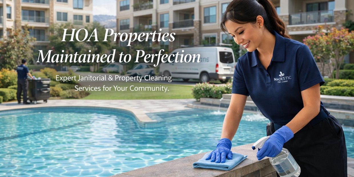 Smiling cleaner maintaining a poolside area in a residential community.