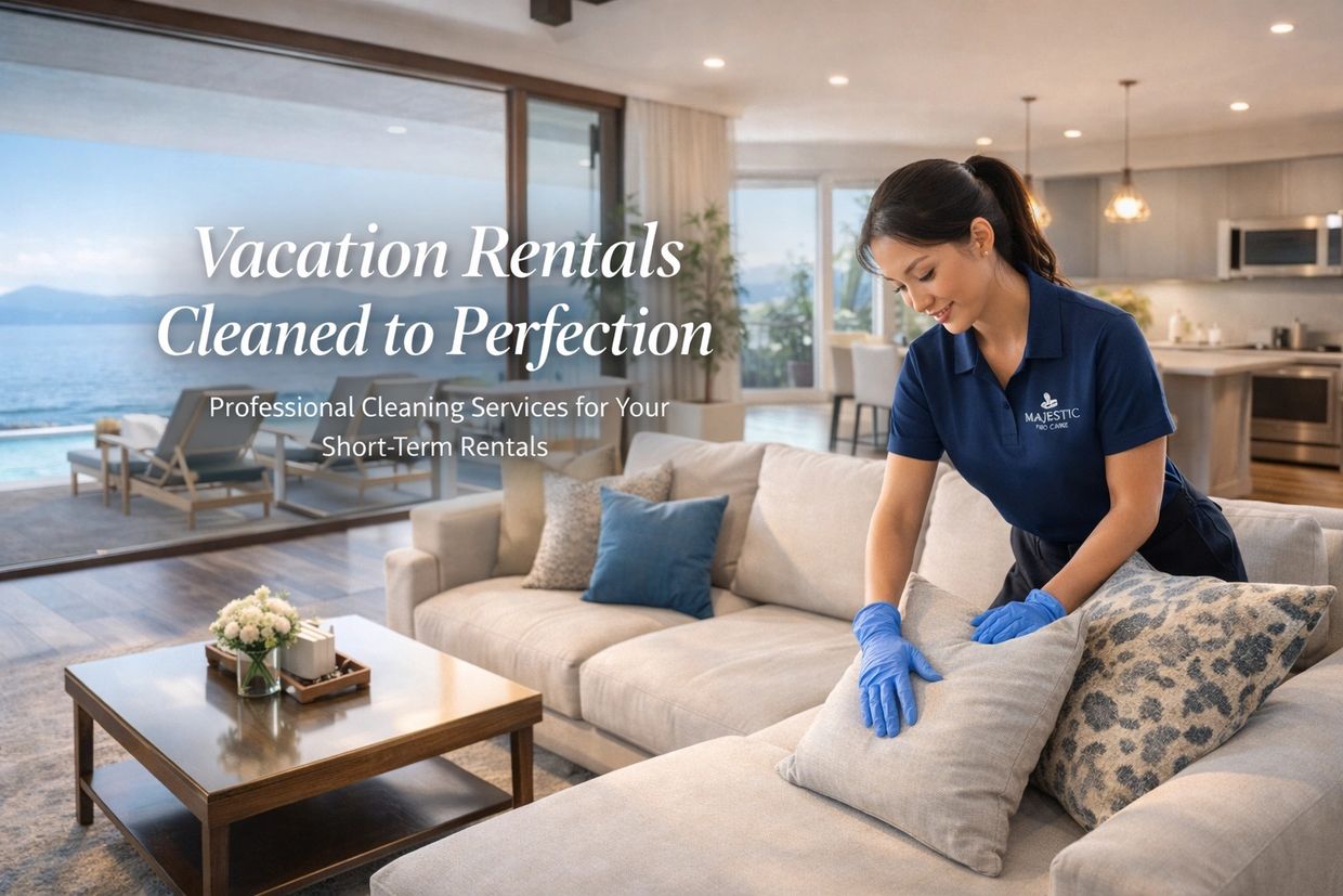 Professional cleaner tidying a stylish vacation rental living room by the sea.