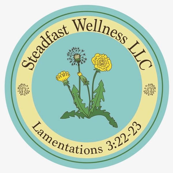 Logo of Steadfast Wellness LLC with dandelions and a Bible verse reference.