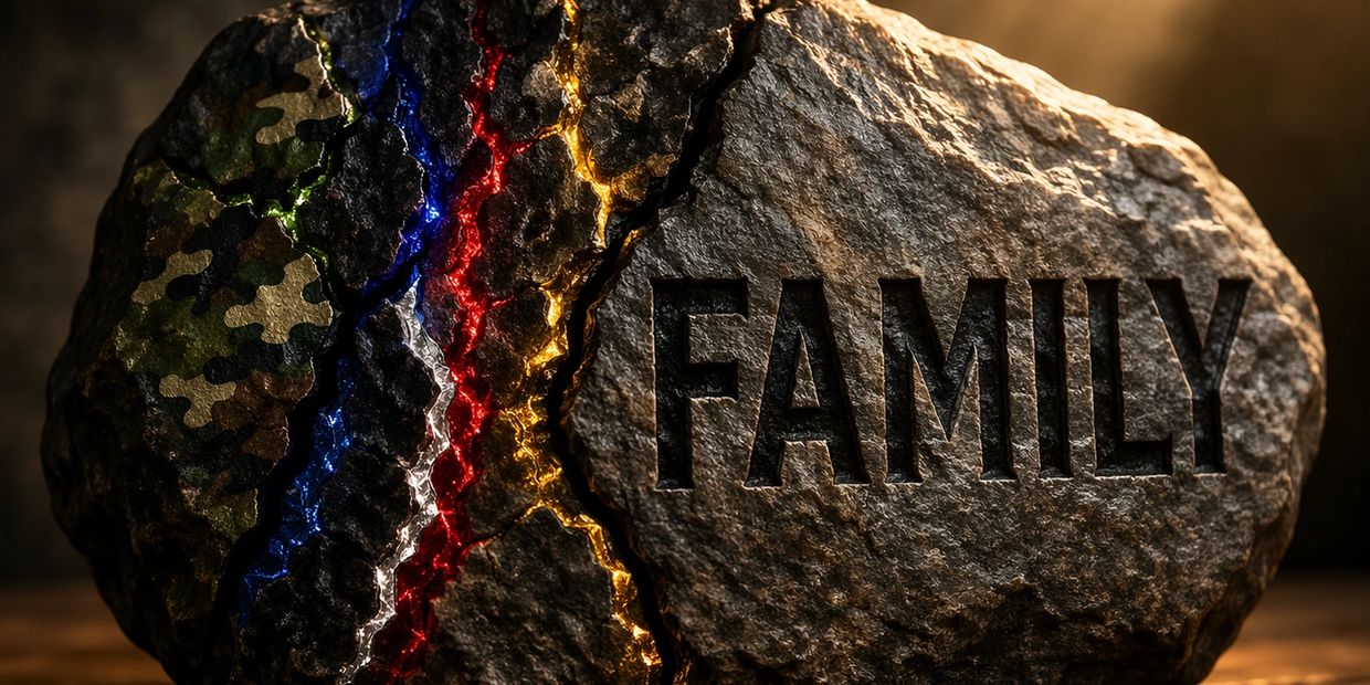 A rock engraved with the word FAMILY and colorful cracks glowing.